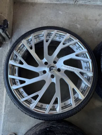 22 Inch Forgiato Wheels – Brushed Chrome with Floating Caps & Low Profile Tires (Used, One Bent Lip)