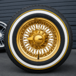 13×7” All Gold Wire Wheels 72 Spoke Reverse Cross Lace (Pure California Gold) + 155/80R13 Custom True Whitewall & Yellow Stripe Tires | Set of 4