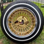 13×7″ Chrome & Gold Wire Wheels 72 Spoke Reverse Cross Lace | Gold Nipple, Gold Hub & Gold Knock-Off + 155/80R13 True Whitewall Tires | Set of 4
