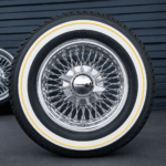13×7″ Chrome Wire Wheels 72 Spoke Reverse Cross Lace + 155/80R13 True Whitewall & Yellow Stripe Tires | Triple Plated | Set of 4